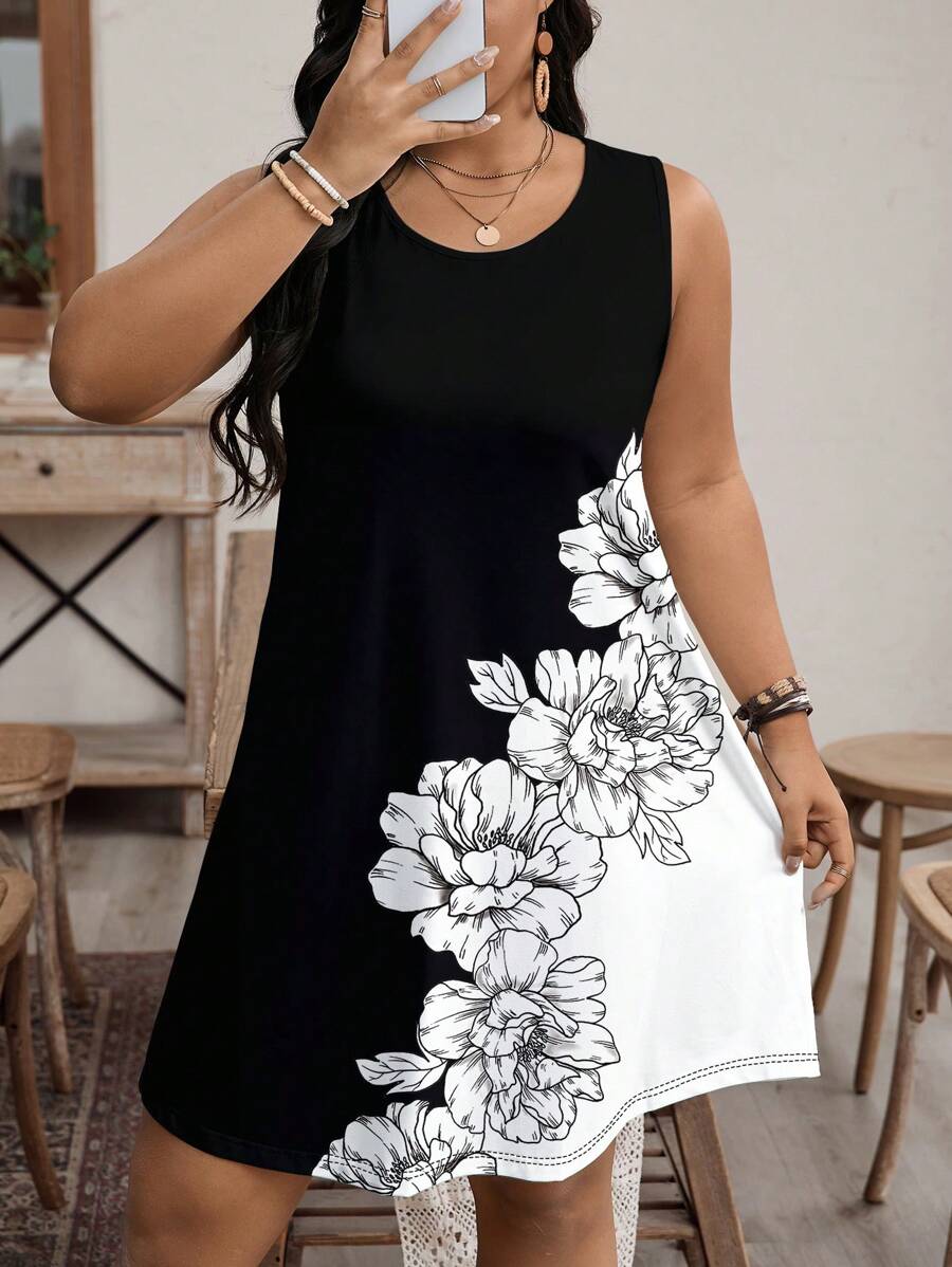 EMERY ROSE 大码女式休闲简约圆领无袖连衣裙，适合夏季、女士音乐会服装、女士西装/女牛仔装、女士波西米亚风/夏季、女士度假服装 - 黑色 - 查看 1