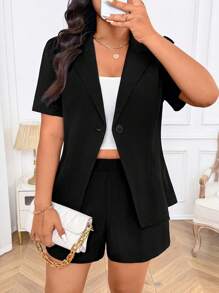 SHEIN LUNE Plus Puff Sleeve Blazer & Shorts - Black - View 4