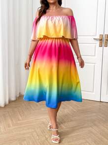 SHEIN Clasi Vestido elegante con hombros descubiertos, volantes y degradado para mujer talla grande - Multicolor - Ver 5