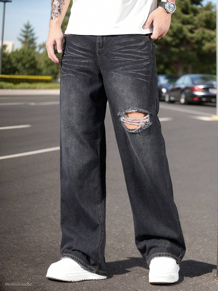 Manfinity Homme Men's Straight Loose Distressed Pocket Jeans - Black - View 1