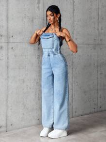 SHEIN EZwear Bộ đồ liền thân denim rộng rãi đơn giản có túi dành cho nữ - Màu xanh lam - Xem 1