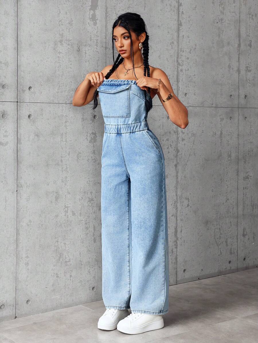 SHEIN EZwear Bộ đồ liền thân denim rộng rãi đơn giản có túi dành cho nữ - Màu xanh lam - Xem 1