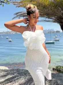 SHEIN SXY Women's Vacation 3D Floral Decor Halter Bodycon Dress