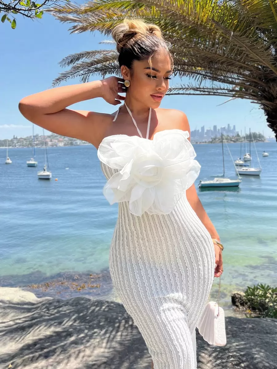 SHEIN SXY Women's Vacation 3D Floral Decor Halter Bodycon Dress