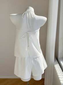 Comfortcana White Woven Women's Tie Front Halter Tank And Shorts Leisure Set - White - View 2