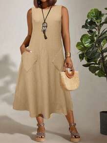 EMERY ROSE Plus Size Women Solid Color Textured Fabric Sleeveless Open Shoulder Pockets Casual Long Dress - Khaki - View 5