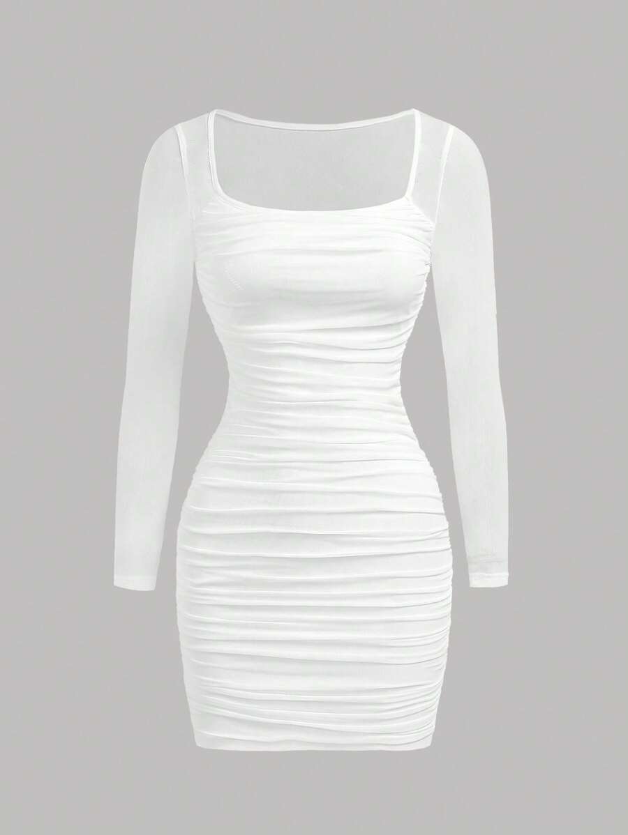SHEIN Girlism Teen Girls' Vintage Style Solid Color Square Neck Ruched Mesh Dress