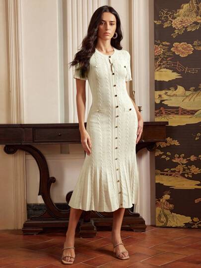 Anewsta Elegant Solid Color Knitted Heavy Perforated Twist Rope Aran Cable Knit Long Sleeve Frill Trim Buttoned Pleated Fishtail Dress, Suitable For Autumn, Winter, Formal, Party, Elegant, Leisure, Work, Graduation, Wedding