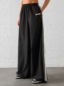 Manfinity VCAY Pantalon ample à taille élastique avec cordon de serrage et imprimé lettres tissé, convient pour la randonnée en extérieur