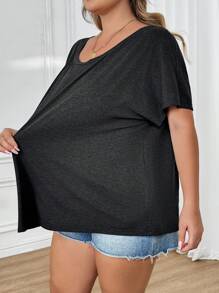 SHEIN CURVE+ 休闲简约纯色大码女式 T 恤，适合春夏季穿着 - 黑色 - 查看 4