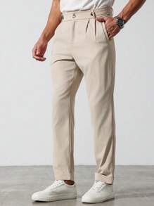 Manfinity Mode Calças de terno masculinas, calças de terno retas casuais tecidas masculinas, estilo longo adequado para primavera e verão