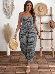 SHEIN LUNE Plus Size Pullover Adjustable Strap Casual Printed Jumpsuit - Black and White - View 4