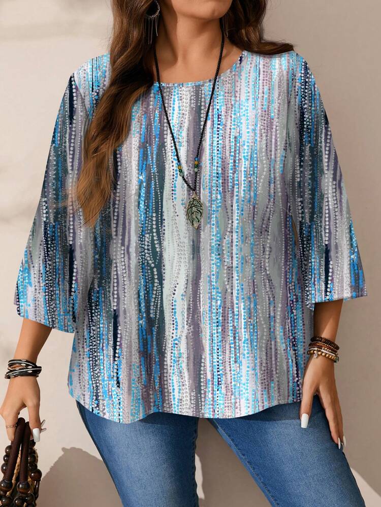 Plus Size Women Polka Dot & Stripe Textured Casual All-Over Print Loose Fit 3/4 Sleeve Shirt