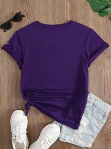 INAWLY Casual Feather Print Round Neck Short Sleeve Women T-Shirt - Purple - View 2