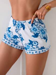 SHEIN Swim Women's Blue Printed Beach Shorts For Vacation
