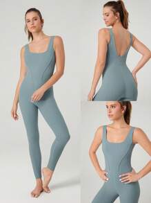 GLOWMODE Body de sport élégant pour femme d'été, combinaison 24" FeatherFit™ avec contrôle du ventre et dos ouvert, pour le yoga et la gym - Gris - Voir 9