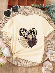 SHEIN Girls' Casual Chic Leopard Print Heart Pattern Short Sleeve T-Shirt - Apricot - View 3