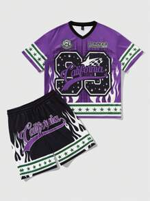 ROMWE MEN Prep Conjunto informal de camiseta de manga corta con cuello en V y estampado de letras y pantalón corto con cordón en la cintura para hombres