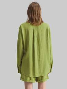 Ontre 2 件女士亚麻绿色宽松蝙蝠袖长袖衬衫和阔腿短裤休闲套装，可拆卸金属纽扣不对称门襟，波西米亚风格，度假节，春夏