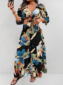 SHEIN Clasi 2pcs Plus Size Women Boho Casual Cropped Plant Print Top And Wide Leg Pants Co-Ord Set, For Summer - Multicolor - View 4