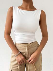 SHEIN PETITE CURVE 大码女式纯色圆领褶皱修身背心 - 白色 - 查看 3