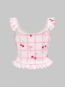 ROMWE Kawaii 甜美樱桃蝴蝶结格纹印花荷叶边纽扣大码家居服睡衣套装