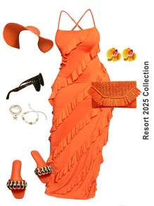 Slaydiva Plus Size Orange Floor Length Ruffle Hem Textured Dress, For Holiday - Orange - View 1