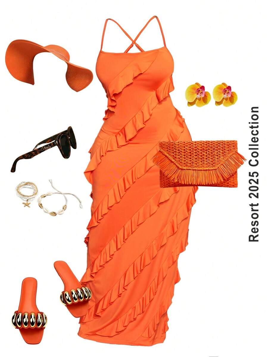 Slaydiva Plus Size Orange Floor Length Ruffle Hem Textured Dress, For Holiday - Orange - View 1