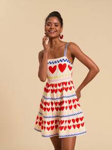 Travachic 女士荷叶边下摆休闲心形图案吊带连衣裙 - 紅色 - 查看 3