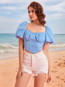 SHEIN EZwear Damen Lässig einfarbige gestrickte Bluse mit quadratischem Ausschnitt und kurzen Ärmeln, tailliert geschnitten, Valentinstag/Feiertag, Sommermode Frühling für Damen Streetwear für Damen Strandmode