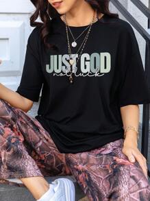 INAWLY 女士休闲简约字母印花短袖 T 恤 - 黑色 - 查看 4