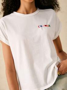 Poéselle Cotton Letter Embroidery Batwing Sleeve Tee - White - View 1