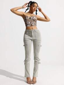 SHEIN EZwear 女士水洗做旧修身牛仔裤 - 綠色 - 查看 5