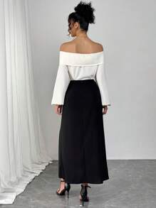 Modelyn Women's Elegant Off Shoulder Pleated Skirt 2 Pieces Set, Suitable For Work, Party And Daily Wear