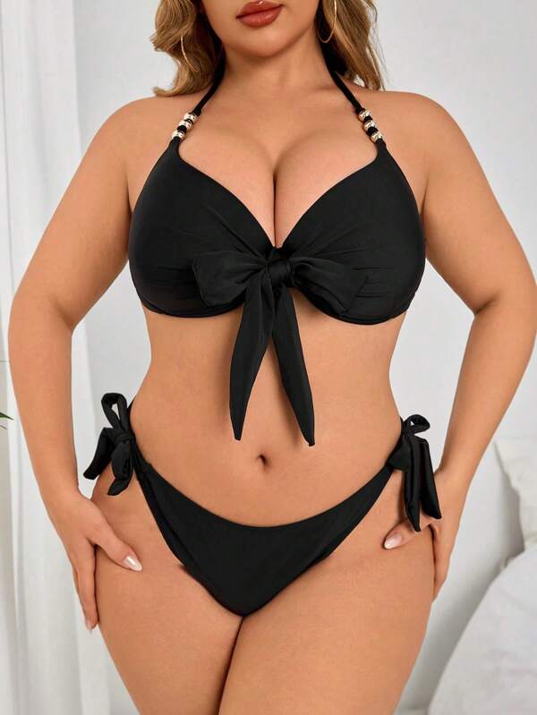 Große Größen Damen Urlaubs Knotenfront Bandeau Bikini Set, für den Sommerstrand