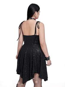 Whyspr Casual Punk Plus Size Women's Sexy Asymmetrical Hem Sequins Camisole Dress - Black - View 5