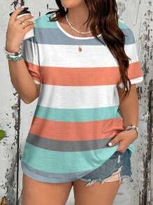 EMERY ROSE Casual Simple Striped Pattern Loose Round Neck Short Sleeve Plus Size T-Shirt Suitable For Summer,Concert Women Country Spring For Women Summer For Women Boho Women Summer T Shirts Women Top - Multicolor - View 6