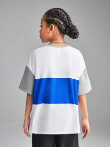 SHEIN Girls White Autumn Streetwear City Break Back To School Campus Sports Football Oversized T-Shirt,Knitted Printed Round Neck Short Sleeve Casual Tops - Blue - View 3