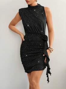 SHEIN Clasi Women's Elegant High Neck Woven Texture Ruched Black Mini Bodycon Dress, Elenzga Women's Fashionable Casual Elegant Sexy Short Sleeve Dress, Round Neck, Black Elastic Knit Fabric, Fitted Silhouette, 3D Floral Print, Spring/Summer