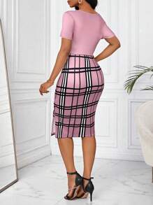 SHEIN Lady 春夏优雅色块拼接修身婚礼宾客通勤连衣裙优雅图案 T 恤柔和优雅度假服装女士休闲连衣裙 - 藕粉色 - 查看 2