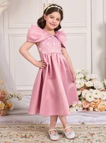 Robe élégante de jeune fille avec fleurs, sequins et splice en maille - Multicolore - Voir 6