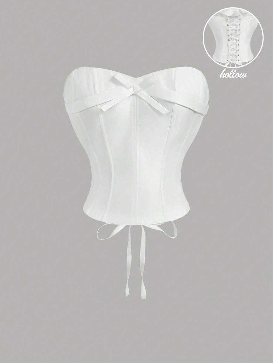 SHEIN MOD Top de túnica blanca con lazo delantero y tiras posteriores, Top para fiesta, Top para el Día de San Valentín, Top de Año Nuevo, Top para salir, Top de verano, ropa de vacaciones - Blanco - Ver 1