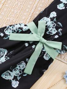 SHEIN Tween Girl 2 Pieces Set: Olive Green Top Vest Matched With Black Base Rose Digital Printed Jumpsuit - Olive Green - View 4