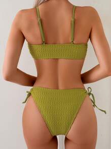 SHEIN Swim Conjunto de traje de baño de 2 piezas para vacaciones de verano, de tela de jacquard amarillo mostaza con sujetador y Bottom con cortes laterales y atar a la cintura, para la playa