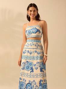 CAJUNI Women's Boho Tropical Plant & Flower Blue Print Skirt, Vacation Casual Summer Skirt
