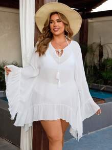 SHEIN Swim Vcay Plus Size Tie Neck Loose Ruffle Hem Patchwork Cover Up For Weddings, Summer Beach Vacation - White - View 4