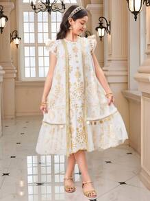 SHEIN Leap Crew 2pcs Set Tween Girls Loose Elegant Minimalist Round Neck Cap Sleeve Embroidered Fabric Dress With Fringed Jacket - White - View 1