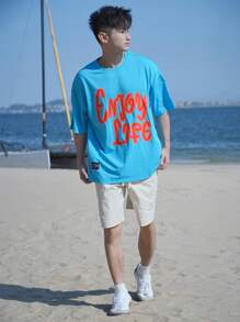 DAZY Men's Colorful Letter Print Contrast Color T-Shirt, Perfect For Beach Resort & Summer - Blue - View 1