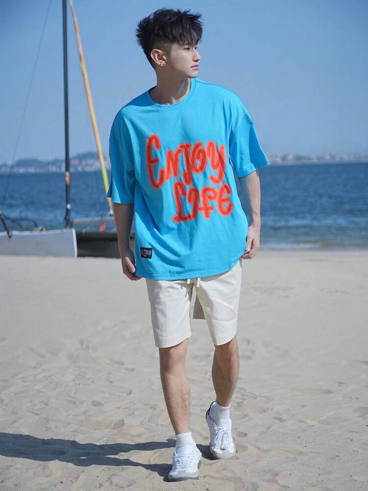 Men's Colorful Letter Print Contrast Color T-Shirt, Perfect For Beach Resort & Summer