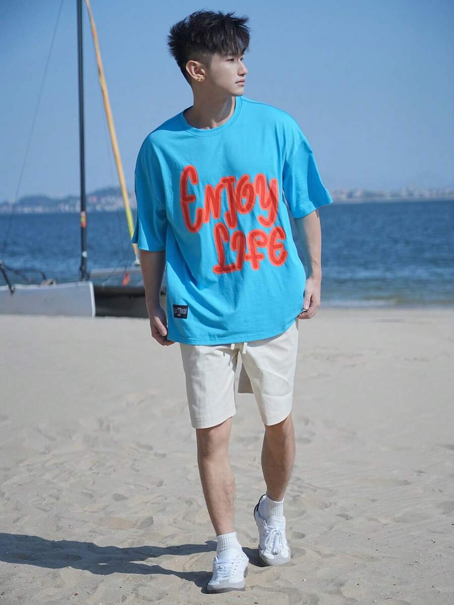 DAZY Men's Colorful Letter Print Contrast Color T-Shirt, Perfect For Beach Resort & Summer - Blue - View 1